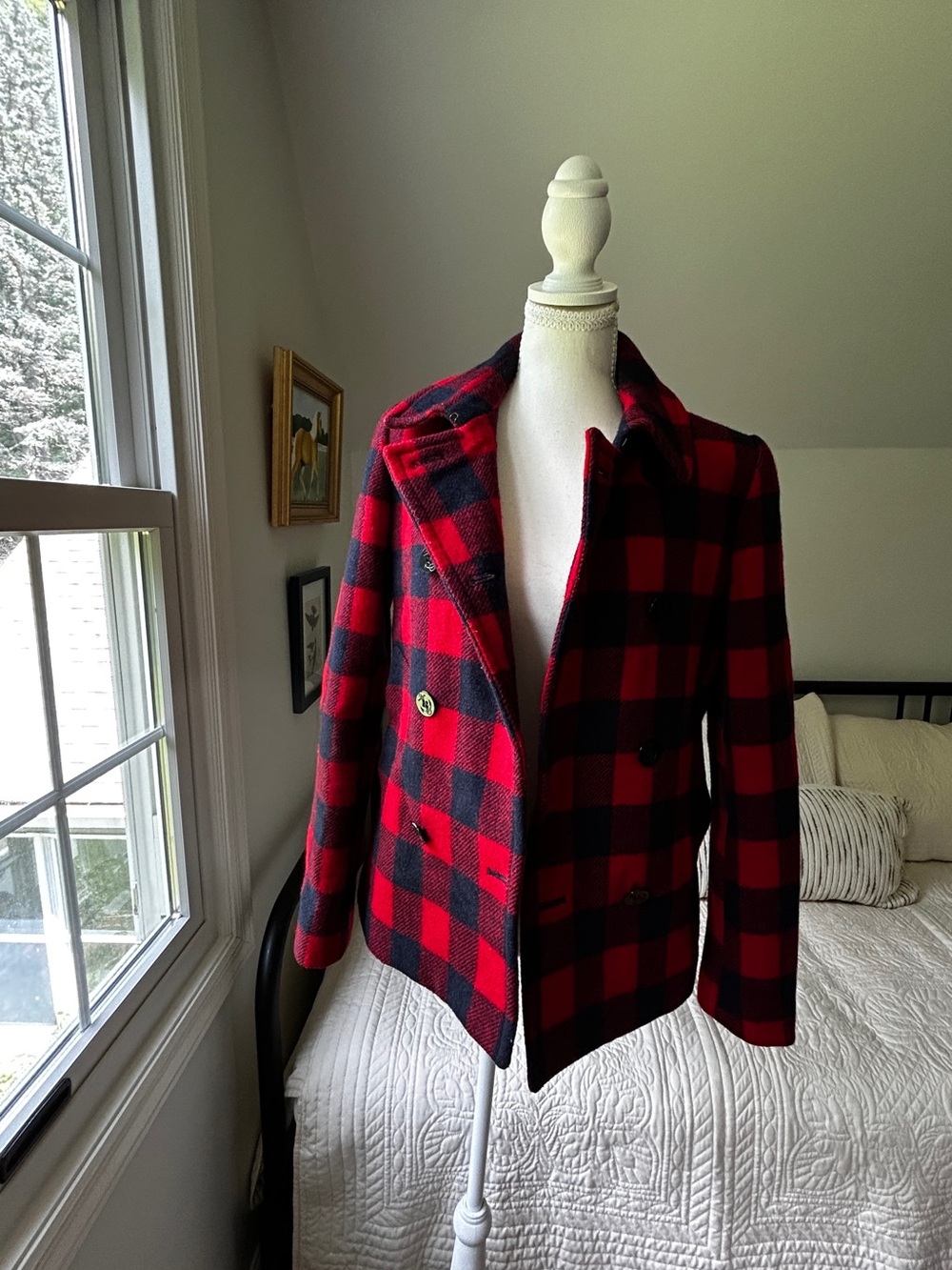 J Crew Red & Navy Buffalo Plaid Women's Wool Peacoat